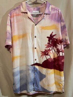Goodfellow & Co Men's Sunset Palm Short-Sleeve Shirt - Pink/Yellow/Blue
